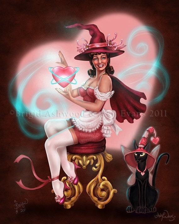 Items similar to Witchen Kitsch valentine, black cat, pin up, witch