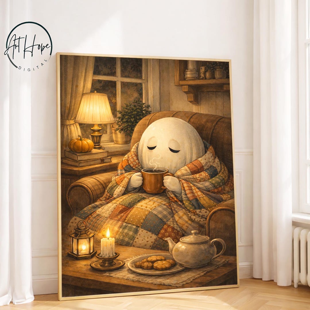 Cozy Ghost Fall Wall Art Spooky Autumn Decor Coffee Printable Download ...