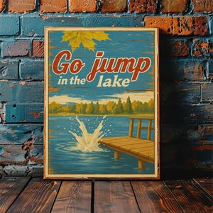 Go Sprung in den See Retro Print | Haus am See Wandkunst | Vintage Cabochon Dekor Lake Life Poster Digitaler Download