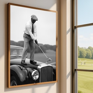 Digital Vintage Art Print – Stylish Golf Scene on Classic Car in Black and White