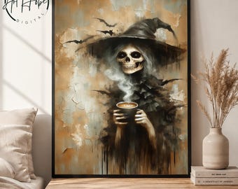 Szkielet czarownicy w kawie – wydruk artystyczny w stylu gotyckim: upiorna dekoracja na Halloween (pobranie cyfrowe)