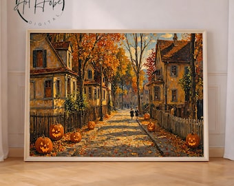 Vintage Halloween Print: Spooky Autumn Street Scene (Digital Download)