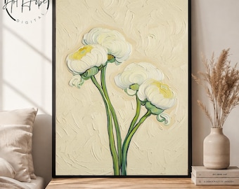 White Peonies Print: Minimalist Floral Wall Art (Digital Download)