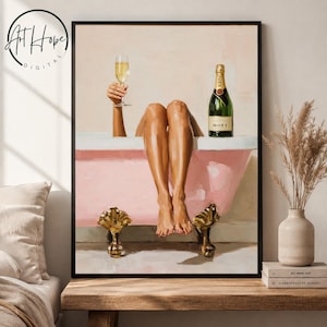 Champagne Bath Wall Art Printable, Feminine Vintage Bathroom Decor, Retro Glam Print