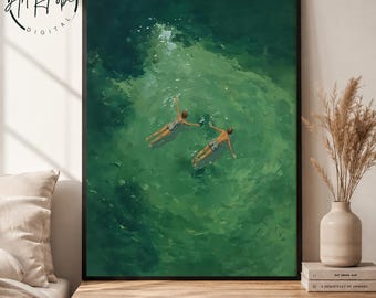 Lámina artística vintage de nadadores, arte mural aéreo del océano, descarga digital de verano costero.