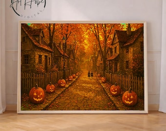 Pumpkin Street Art Print: Cozy Halloween Village (Digital Download)