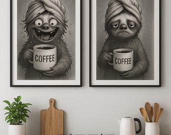 おもしろいナマケモノのコーヒーアートプリントセット：カフェイン愛好家のためのキッチンデコレーション（デジタルダウンロード）