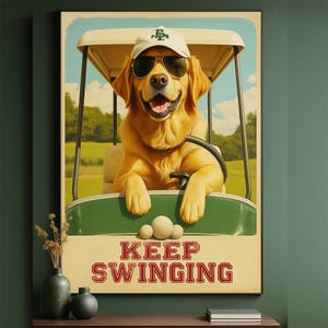 Funny Golden Retriever Golf Art Print | Vintage Dog Golf Poster | Retro Sports Wall Art | Keep Swinging Digital Download