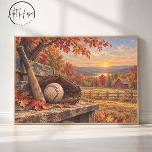 May include: A rectangular wall art print featuring a wooden baseball bat and a leather baseball glove with a baseball resting on a weathered wooden bench. The scene is set in an autumn landscape with orange and red maple leaves, a distant barn, and a sunset over rolling hills. The logo Art Hope Digital is in the top left corner.
