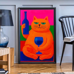 Cheers Cat Print: Retro Bar Cart Decor, Mid-Century Modern (Digital Download)