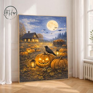 May include: A framed Halloween-themed print depicts a nighttime pumpkin patch scene. A crow perches on a carved jack-o'-lantern, illuminated by a glowing lantern. A full moon and a house with lit windows are in the background.