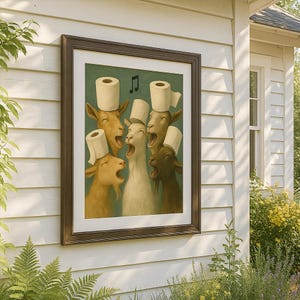 Szenische Ziegen – Wandbild – Bauernhaus-Küchen-Dekor mit lustigen Ziegen und Toilettenpapier-Hüten – druckbare digitale Datei mit rustikalem Motiv