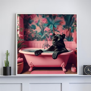 Black Panther in Pink Bathtub – Tropical Floral Wall Art, Bold Jungle Aesthetic Printable