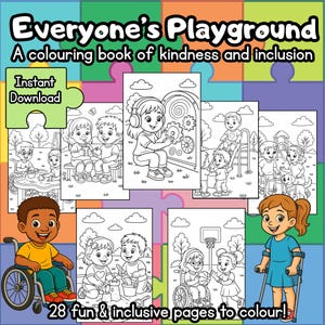 Puede incluir: Un libro para colorear para niños titulado "Everyone's Playground", subtitulado "Un libro para colorear sobre la amabilidad y la inclusión". La portada presenta varias ilustraciones en blanco y negro de niños. El libro incluye 28 páginas divertidas e inclusivas para colorear.