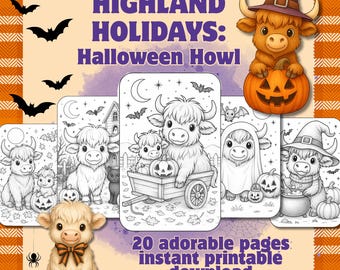 Highland Cow Halloween Colouring Pages: 20 Printable Sheets (PDF)