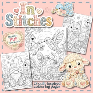 May include: A digital collection of 28 quilt-inspired coloring pages titled In Stitches, featuring black and white line art of hummingbirds, a fox, a gnome, and a lamb, with a blue bird accent and an instant PDF download heart-shaped badge.