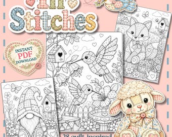 Quilt Inspired Coloring Book | Cottagecore Animals, Gnomes, Flowers (PDF Download)