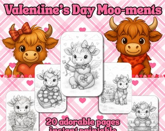 Highland Cow Valentine's Day Colouring Book: 20 Printable Pages (PDF)