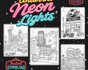 Retro Neon Sign Coloring Book | 30 Roadside Pages (Digital Download)