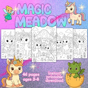 Unicorn Coloring Book for Kids: Magic Meadow Whimsical Scenes (Instant Download PDF) Ages 3-8