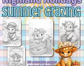 Highland Cow Summer Coloring Book | Farm Scenes (Printable PDF)