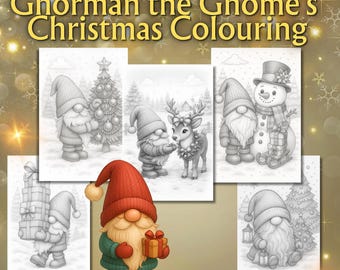 Páginas para colorear navideñas de Gnorman el Gnomo / Escenas invernales en escala de grises (PDF)