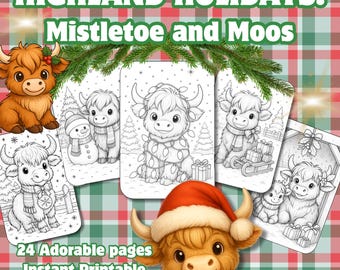 Highland Cow Christmas Colouring Pages | Cozy Winter Grayscale Printable |  Scottish Cow Holiday Craft PDF