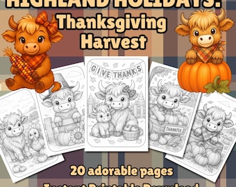 Highland Cow Thanksgiving Colouring Pages: Harvest Fall Designs (PDF)