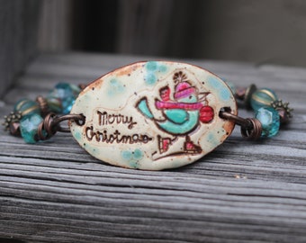 Merry Christmas Bracelet Aqua blue bird bracelet