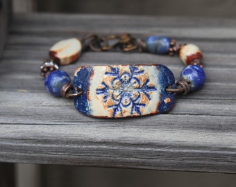 Snowflake Bracelet Rustic pottery style blue jeans ceramic bead   boho bracelet