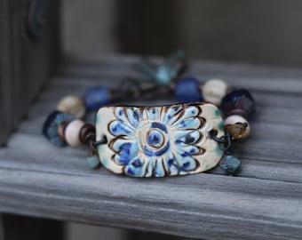 open flower pottery bracelet flower bracelet 17-18mm adjustable ceramic focal bracelet cuff bracelet