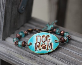 Dog Mom bracelet Fun turquoise blue glazed pottery bracelet for dog mom 17-18mm adjustable ceramic focal bracelet cuff bracelet