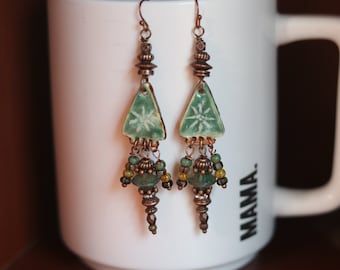 Handmade beaded pottery dangle earrings