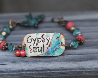 Fun Pottery bead bracelet Gypsy soul 17-18mm adjustable ceramic focal bracelet cuff bracelet