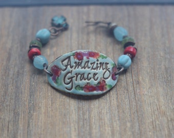 Amazing Grace  PoTTerY beaded   Bracelet ... Rustic cross charm 17-18mm adjustable ceramic focal bracelet cuff bracelet