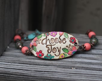 Bright and Cheery reminder to Choose Joy 17-18mm adjustable ceramic focal bracelet cuff bracelet