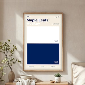 Puede incluir: Un póster enmarcado con un diseño minimalista que presenta las palabras "Maple Leafs Hockey" en azul y blanco. El póster tiene un fondo color crema con un diseño de bloques blanco y azul marino. El póster también incluye los números 13, 7 y 73.