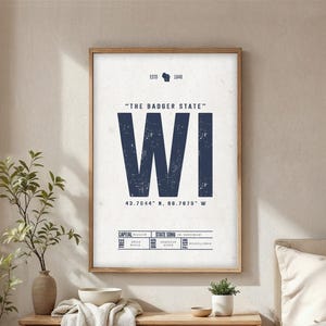 Puede incluir: Impresión enmarcada con las letras "WI" en azul marino, con el texto "THE BADGER STATE" arriba. La impresión incluye coordenadas e información estatal, todo sobre un fondo blanco roto texturizado. El marco es de madera clara.