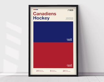 May include: A framed poster featuring the text Canadiens Hockey and 1909. The design includes a large blue rectangle over a red rectangle on a cream background. Text at the bottom lists 24 Stanley Cup, 8 Conference, and 24 Division Championships.