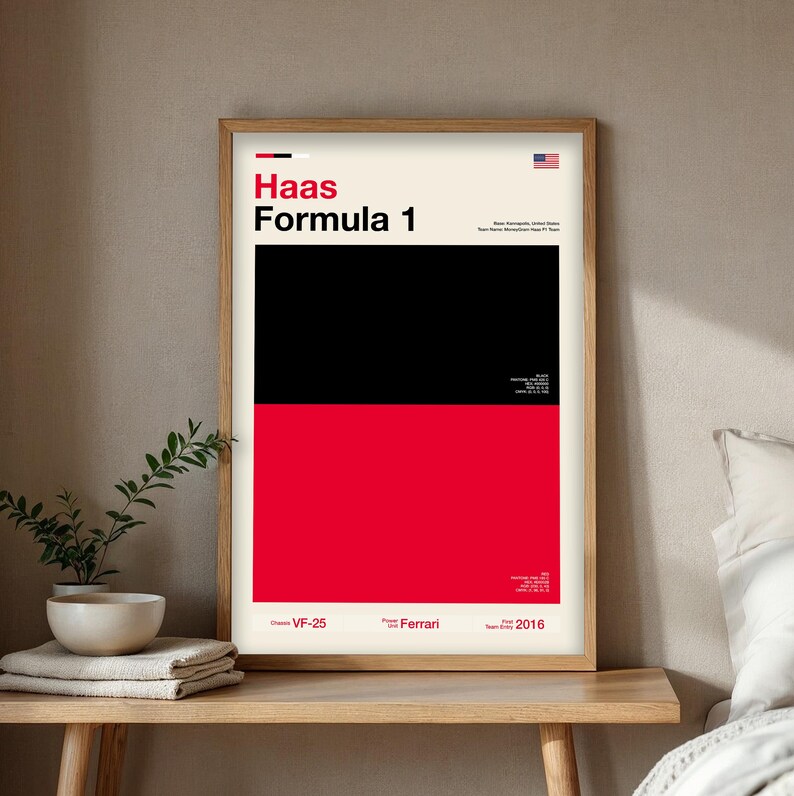 May include: A framed poster with the text "Haas Formula 1" in a bold font. The poster features a black and red color block design with the American flag in the upper right corner. Additional text includes "VF-25", "Ferrari", and "2016".