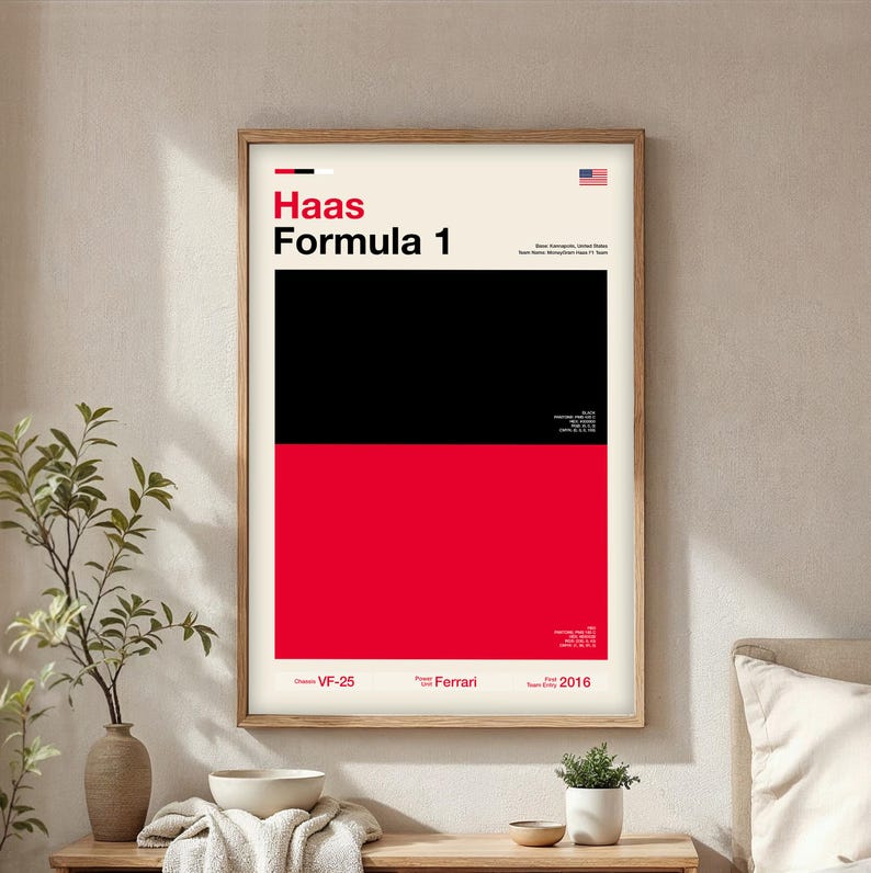 May include: A framed poster with a minimalist design featuring the text "Haas Formula 1." The poster is divided into black and red sections. The American flag is in the upper right corner. Additional text includes "VF-25," "Ferrari," and "2016."