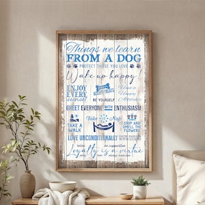 Könnte beinhalten: Holzgerahmtes Schild mit dem Text "Things we learn from a dog" in blauer Schrift. Das Schild enthält Sätze wie "Wake up happy!" und "Love unconditionally". Der Hintergrund hat ein rustikales, verwittertes Holz-Aussehen.
