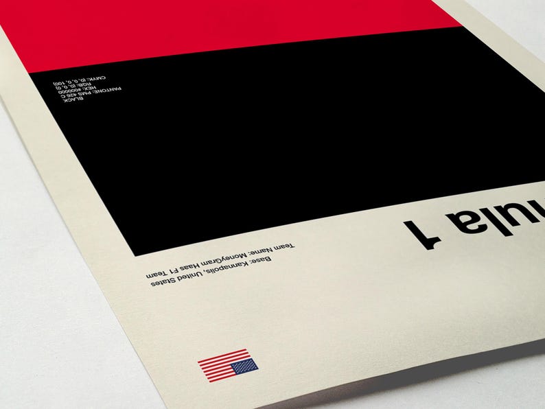 May include: A minimalist Formula 1 poster with a red and black color block design. The text "Formula 1" is displayed in black. The poster includes the text "Base: Kannapolis, United States" and "Team Name: MoneyGram Haas F1 Team". An American flag is also present.
