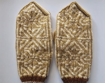 READY TO SHIP: Adult Women's Norwegian Knit Merino Wool Mittens in Geometric Design