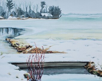 Original Watercolor Painting - Green Lake Winter