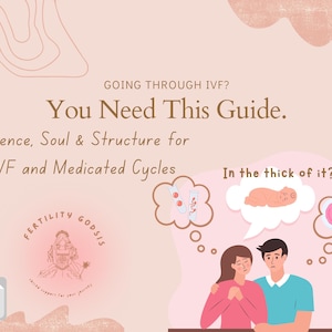 Puede incluir: Una guía digital con el texto "You Need This Guide" y "Science, Soul & Structure for IVF and Medicated Cycles." La imagen incluye ilustraciones de elementos médicos y una pareja, con el logo de Fertility Godsis.