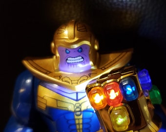 Thanos Minifigure with Handmade LED Infinity Gauntlet - Marvel Avengers Super Heroes - Lego Size