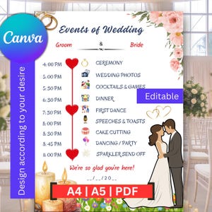 May include: A wedding schedule template with a floral design, detailing the events from ceremony to sparkler send-off. The design includes a Canva logo, the words "Events of Wedding", and the text "Editable".