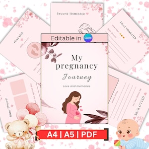 Pregnancy journal for first time moms | Personalised baby first year memory book | Canva editable A4  PDF printable