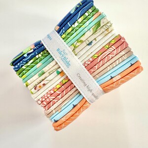 May include: A stack of colorful fabric squares, bound with a white ribbon. The fabric features floral and geometric patterns in shades of blue, green, pink, and orange. The ribbon is printed with "Riley Blake Designs" and "Creating high-quality".